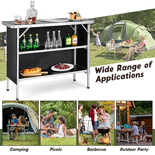 Giantex Folding Camping Table, Aluminum Portable Bar Table 43.5''L x 34.5''H, 2-Tier Open Storage Shelves, Removable Oxford Cloth, Carrying Bag, Foldable Picnic Table for BBQ Outdoor Party (Black) - CookCave