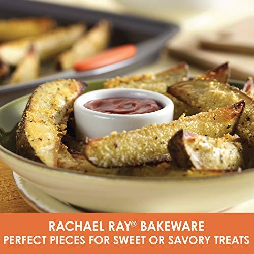 Rachael Ray 55673 Nonstick Bakeware Set with Grips includes Nonstick Bread Pan, Baking Pans and Cake Pans - 5 Piece, Gray with Orange Grips - CookCave