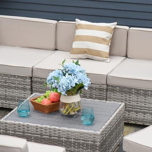 Outsunny 7-Piece Patio Furniture Set, Outdoor Wicker Conversation Set, All Weather PE Rattan Sectional Sofa Set with Cushions and Tempered Faux Wood Table, Stripe Pillows, Beige - CookCave