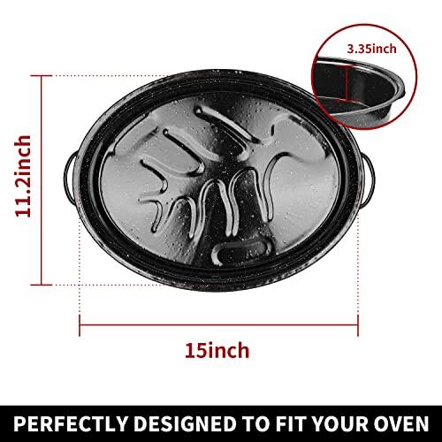 DIMESHY 18Inch Roasting Pan, Enamel on Steel, Black Covered Oval Roaster Pan with Lid, Large Cookware for Turkey, Small Chicken, Roast Baking Pan. - CookCave