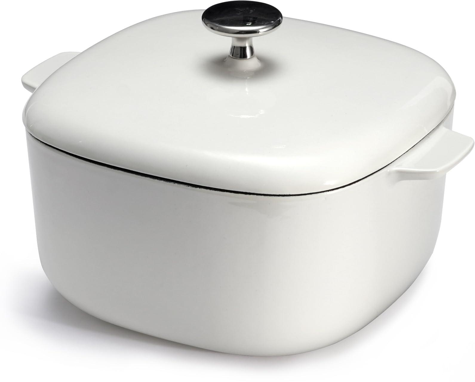 Urooloo Enameled Cast Iron Dutch Oven Pot with Lid, Golden Ratio Square, Cast Solid Stainless Steel Knob (White) - CookCave