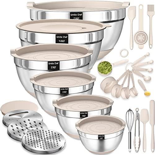 Mixing Bowls with Airtight Lids Set, 26PCS Stainless Steel Khaki Bowls with Grater Attachments, Non-Slip Bottoms & Kitchen Gadgets Set, Size 7, 4, 2.5, 2.0,1.5, 1QT, Great for Mixing & Serving - CookCave