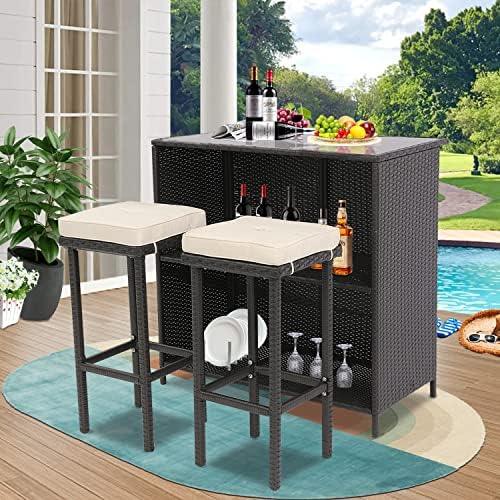 BPTD 3 Piece Outdoor Rattan Wicker Bar Set with 2 Cushions Stools and Glass Top Table Patio Wicker Outdoor Furniture with Removable Cushions for Balcony,Porch, Garden or Poolside (Expresso-Beige) - CookCave