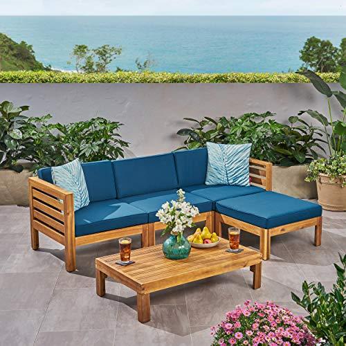 Christopher Knight Home Alice Outdoor 5 Piece Acacia Wood Sofa Set, Teak Finish, Dark Teal - CookCave