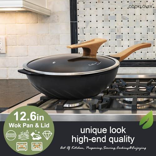 COOKLOVER Nonstick Woks And Stir Fry Pans Die-cast Aluminum Scratch Resistant 100% PFOA Free Induction Wok pan with Lid 12.6 Inch - BK - CookCave