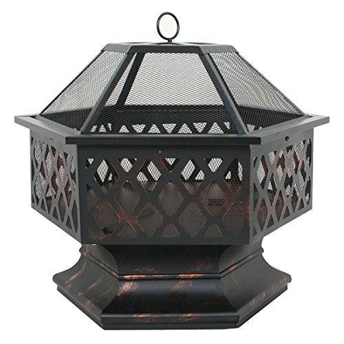 ZenStyle Hex Shaped 24” Fire Pit Outdoor Oil-Rubbed Bronze Heavy Steel Firepit Hexagon Wood Burning Fireplace for Patio, Backyard, Garden, Outdoor - CookCave