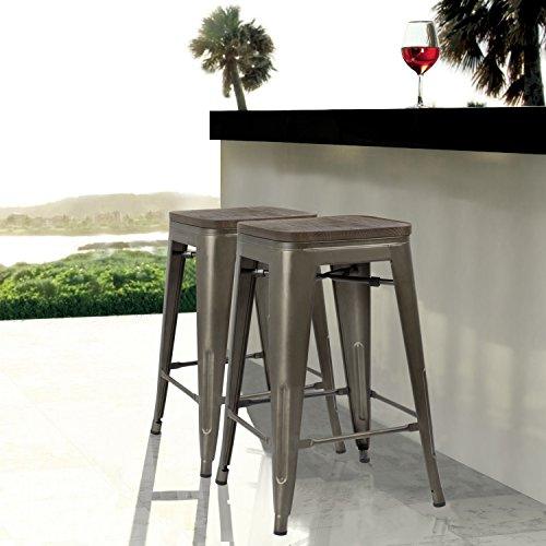 JUMMICO Metal Bar Stools Indoor-Outdoor Stackable Modern 24 Inches Gun Metal Counter Height Industrial Barstools with Wooden Seat Set of 4 (Gun) - CookCave