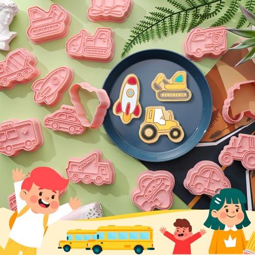 Guiqulai 16 PCS Transportation Vehicle Cookie Cutters with Plunger Stamper, Car Cookie Mould Set, Transportation Theme Set Embossing Dies, Construction Vehicles Cookie Cutters Set for Fondant Cookies - CookCave