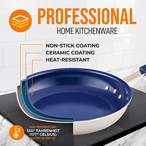 NutriChef 8" Fry Pan With Lid - Small Skillet Nonstick Frying Pan With Lid, Silicone Handle, Ceramic Coating, Blue Silicone Handle, Stain-Resistant And Easy To Clean, Professional Home Cookware - CookCave