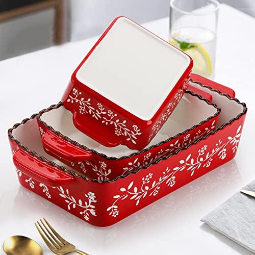 AVLA 3-Pack Red Porcelain Baking Dishes - 12 x 8.5 x 6 Inches, For Lasagna, Casserole, Cake - CookCave