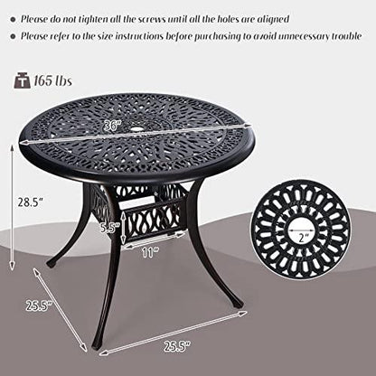 Tangkula 36 Inch Outdoor Dining Table, Round Cast Aluminum Patio Dining Table with Umbrella Hole, Weather-Resistant Patio Bistro Table for Backyard, Garden, Poolside - CookCave