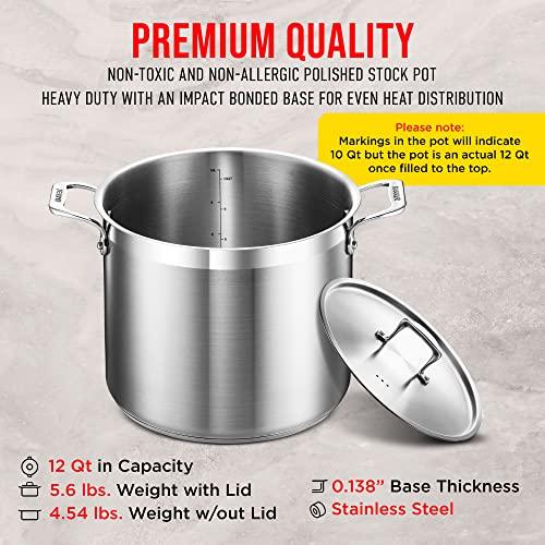 Stockpot – 12 Quart – Brushed Stainless Steel – Heavy Duty Induction Pot with Lid and Riveted Handles – For Soup, Seafood, Stock, Canning and for Catering for Large Groups and Events by BAKKEN - CookCave