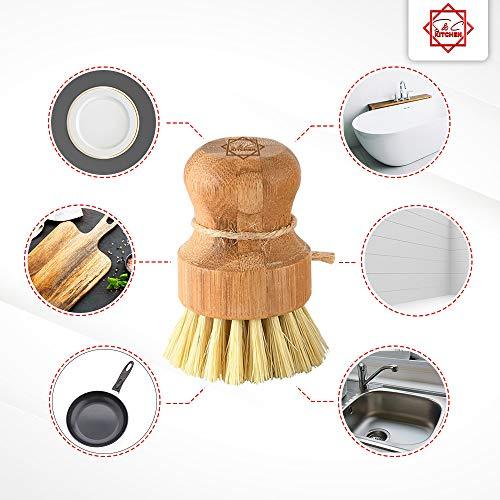 Dish Scrub Brush Bamboo - S&C Kitchen, Cleans Pan/Vegetable/Dishes/Wok, Bamboo Scrub Brush for Kitchen/Bathroom, Made Out of Palm & Sisal Bristles with a Handle, Vegetable Brush for Cleaning, Set of 2 - CookCave