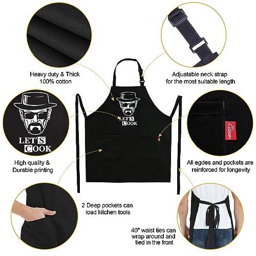 Kaidouma Funny Cooking Aprons for Men - Let’s Cook - Men's Black Funny Kitchen Chef Grilling BBQ Aprons with 2 Pockets - Birthday Father’s Day Christmas Gifts for Dad, Husband, Boyfriend, Movie Fans - CookCave