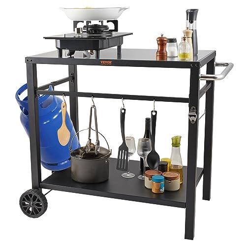 VEVOR Outdoor Grill Dining Cart with Double-Shelf, BBQ Movable Food Prep Table, Multifunctional Iron Table Top, Portable Modular Carts for Pizza Oven, Worktable with 2 Wheels, Carry Handle, Black - CookCave