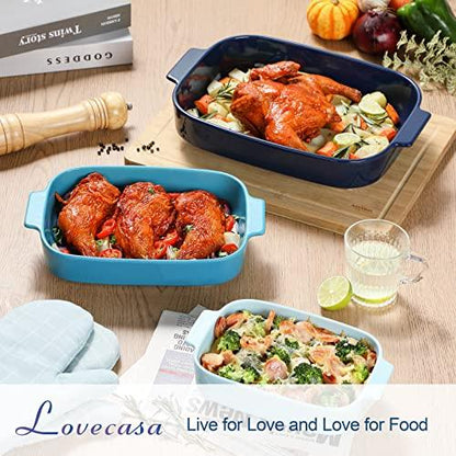 LOVECASA Casserole Dishes for Oven, Ceramic Baking Dishes Set of 3, Rectangular Lasagna Pans Deep with Handles, Oven to Table Baking Pans for Cake, Dessert, Party and Daily Use, Blue Series(9.7"/12.1"/14.4") - CookCave