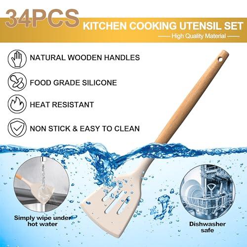 Silicone Cooking Utensils Set, 43Pcs Non-Stick Heat Resistant Kitchen Utensils Spatula Set with Wooden Handle for Baking, Cooking, and Mixing, Best Kitchen Gadgets Tools with Holder (Khaki) - CookCave