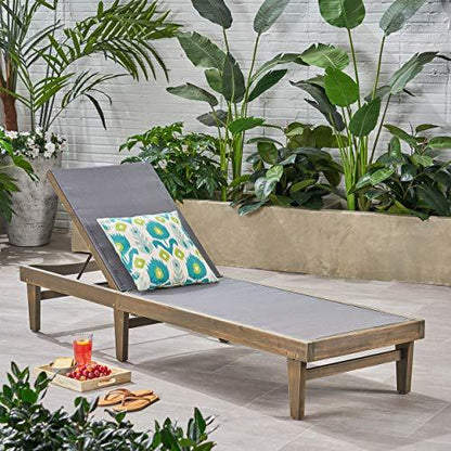 Christopher Knight Home Summerland Outdoor Mesh Chaise Lounge with Acacia Wood Frame, Grey Finish / Dark Grey Mesh - CookCave