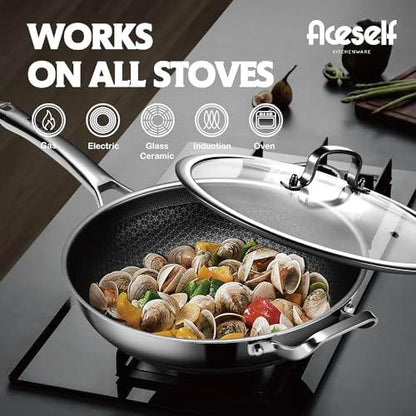 DOTCLAD Hybrid 12 inch Wok pan with Lid, PFOA and PTFE Free Cookware,non stick Stainless Steel Woks & Stir-fry pans Nonstick, Dishwasher and Oven Safe, Works on Induction - CookCave