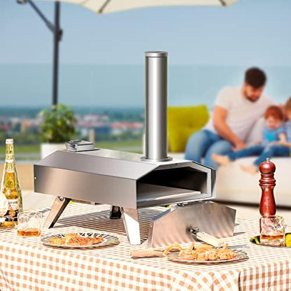 Giantex Outdoor Pizza Oven with 12'' Pizza Stone, Foldable Legs, Portable Stainless Steel Pizza Maker for Outside, Wood Pellet Fired Pizza Oven for Camping Picnic Backyard Family Gathering - CookCave