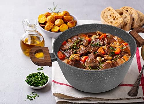 6 Quart Nonstick Dutch Oven with Lid, Stock Pot Nonstick Soup Pot Casserole Pot Granite Cooking Pot, Healthy Pasta Pot Gray Sauce Pot with Wood grain Bakelite Handle, All Stove Compatible PFOA Free - CookCave