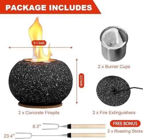 CROWN FIRE - 2 Pack Concrete Tabletop Smores Fire Pit, Ethanol Table Top Firepit, with 2 Roasting Sticks for Smores Maker, Portable Mini Tabletop Fireplace for Indoor and Outdoor, Perfect for Parties - CookCave