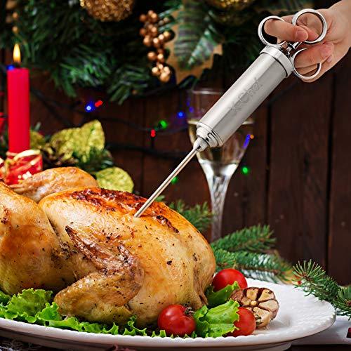 X-Chef Meat Injector Syringe, Stainless Steel Turkey Marinade Injector for Food Flavor BBQ Grill Smoker with 2oz Capacity Barrel 3 Professional Needles, 3 Cleaning Brushes, 5 O-Rings & Silicone Brush - CookCave