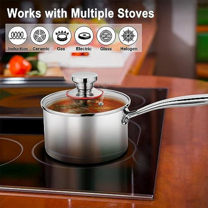 P&P CHEF 2 Quart Saucepan with Lid, Tri-Ply Stainless Steel Sauce Pan with Glass Lid, Small Induction Pot, Kitchen Cookware for Cooking Boiling Stewing, Dishwasher Safe - CookCave