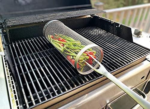 Rolling Grilling Basket - Rolling Grilling Basket for Outdoor Grilling, Round Stainless Steel Grilling Mesh, Camping Grill for Grilling Meat, Vegetables, Chips, Fish - Multipurpose Grilling Mesh - CookCave