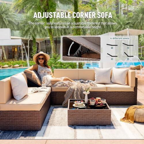 Pamapic Patio Furniture Set, 7 Pieces Modular Outdoor Sectional, Wicker Patio Sectional Sofa, Rattan Conversation Set with Coffee Table and Washable Cushions Covers, Brown Rattan(Beige Cushions) - CookCave