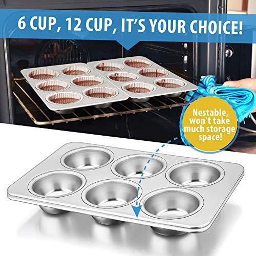 E-far Muffin Pan Set of 2, Stainless Steel Muffin Pan Tin for Baking, 6-Cup Metal Cupcake Pan Tray, Non-toxic & Healthy, Oven & Dishwasher Safe, Regular Size - 11.44 x 7.12 x 1.25 inch - CookCave