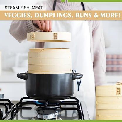 Zoie + Chloe Bamboo Steamer Basket - 2-Tier Dumpling Steamer for Cooking with 2 Reusable Cotton Liners for Bao, Dim Sum, Veggies, Asian Steamed Buns -Stackable, Space-Efficient - 8-Inch Steam Basket - CookCave