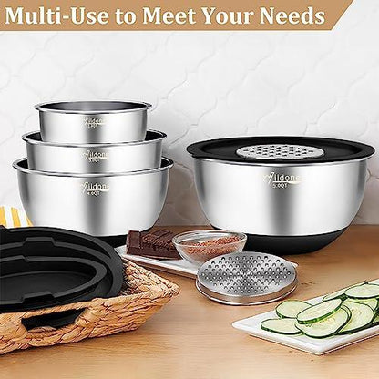Wildone Mixing Bowls with Airtight Lids, 27 PCS Stainless Steel Nesting Bowls, with 3 Grater Attachments, Scale Mark & Non-Slip Bottom, Size 5, 4, 3, 2, 1.5, 1, 0.63QT, Ideal for Mixing & Prepping - CookCave