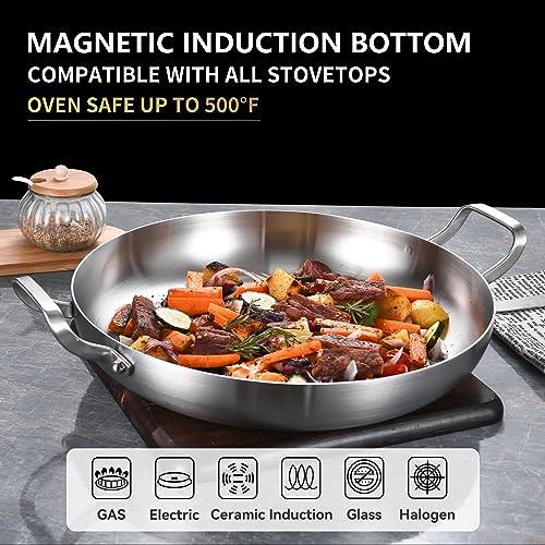 Inqibee 14-Inch Tri-Ply Stainless Steel Paella Pan with Lid,Large Skillet,Griddle,Large Saute Pan with Lid,Jumbo Cooker,Induction Pan,Dishwasher and Oven Safe. - CookCave