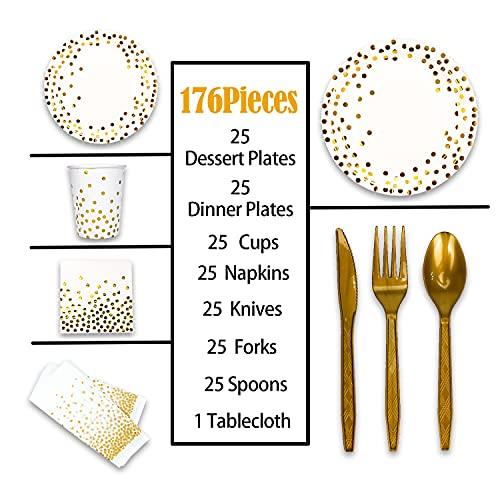 176 Pieces Gold Disposable Party Dinnerware Set &Golden Dot Disposable Party Dinnerware - Black Paper Plates Napkins Cups, Gold Plastic Forks Knives Spoons - CookCave