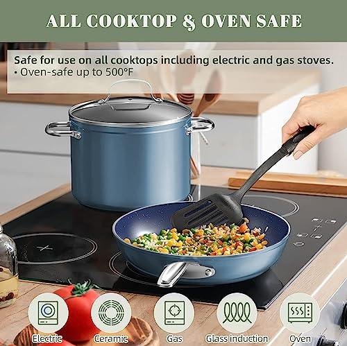 Nuwave Healthy Duralon Blue Ceramic Nonstick Cookware Set, Diamond Infused Scratch-Resistant, PFAS Free, Dishwasher & Oven Safe, Induction Ready & Evenly Heats, Tempered Glass Lids & Stay-Cool Handles - CookCave