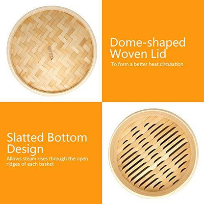 HAPPi STUDIO Bamboo Steamer Basket With Steamer Ring - 10 inch Dumpling Steamer Basket - Large Bamboo Steamer for Cooking Bao Buns, Dim Sum - Chinese Steamer Bamboo Steam Basket - Steaming Basket - CookCave