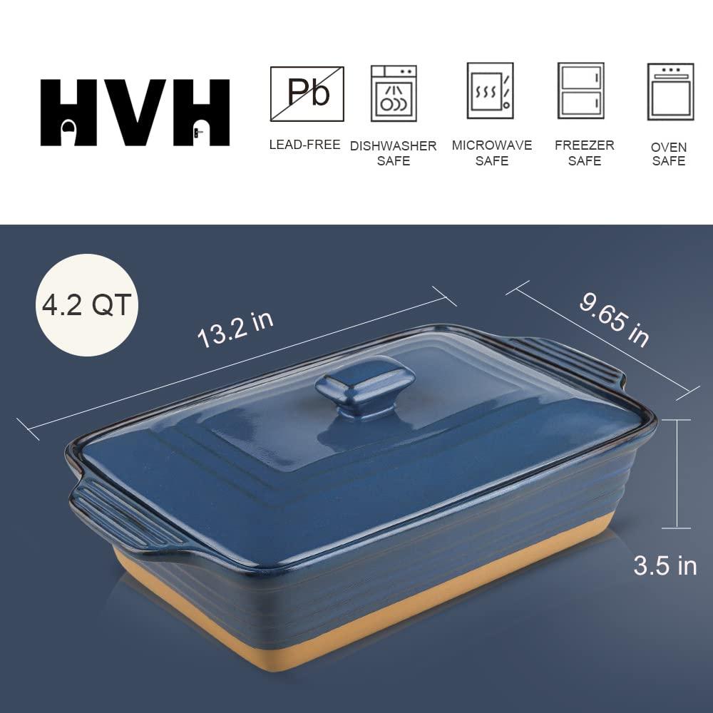 HVH Ceramic Casserole Dish with Lid Oven Safe, 3.5 Quart Large Casserole Dish, Covered Rectangular Casserole Dish Set, 9x13 Casserole Dish, Baking Dishes for Casseroles, Farmhouse Style (Blue) - CookCave