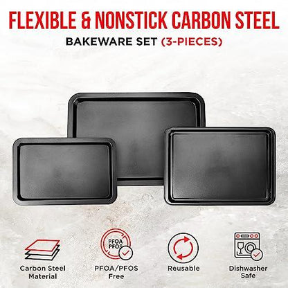 3 Piece Set Nonstick Carbon Steel Oven Bakeware -Professional Quality Kitchen Cooking Baking Trays -PFOA, PFOS, PTFE-Free Small, Medium & Large Baking Sheet Pans - CookCave