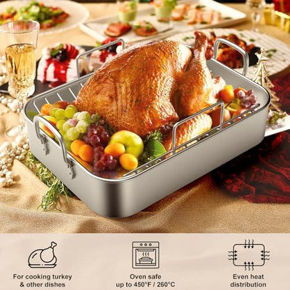 Roasting Pan, EWFEN 17*13 Inch Stainless Steel Turkey Roaster with Rack - Deep Broiling Pan & V-shaped Rack & Flat Rack, Non-toxic & Heavy Duty, Great for Thanksgiving Christmas Roast Chicken Lasagna - CookCave