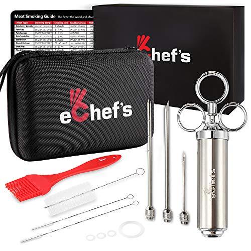 eChef's Meat Injector - 304 Stainless Steel, Meat Injector Syringe with Case, 2-oz Large Meat Injectors for Smoking, 3 Marinade Injector Needles for BBQ Grill, Magnetic Meat Smoking Guide - CookCave