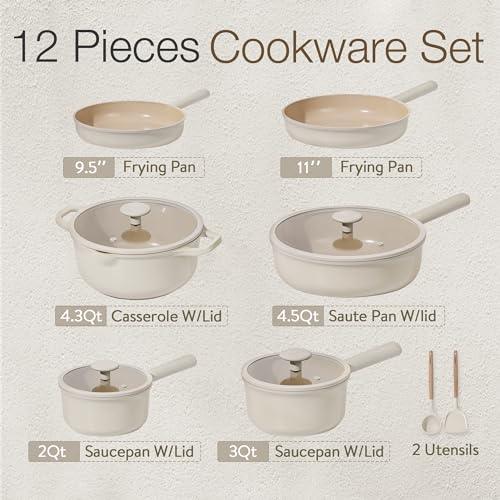 CAROTE 12 Pcs Pots and Pans Set, Nonstick Ceramic Cookware Sets, Healthy Non Stick Induction Cookware Kitchen Granite Cooking Set w/Frying Pans & Saucepan, PFOS, PFOA Free - CookCave