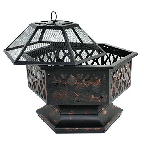 ZenStyle Hex Shaped 24” Fire Pit Outdoor Oil-Rubbed Bronze Heavy Steel Firepit Hexagon Wood Burning Fireplace for Patio, Backyard, Garden, Outdoor - CookCave