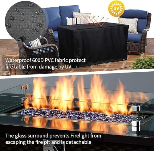 U-MAX 44in Outdoor Propane Gas Fire Pit Table, 50,000 BTU Auto-Ignition Gas Firepit with Glass Wind Guard, Black Tempered Glass Tabletop & Blue Glass Rock, Brown PE Rattan, CSA Certification - CookCave