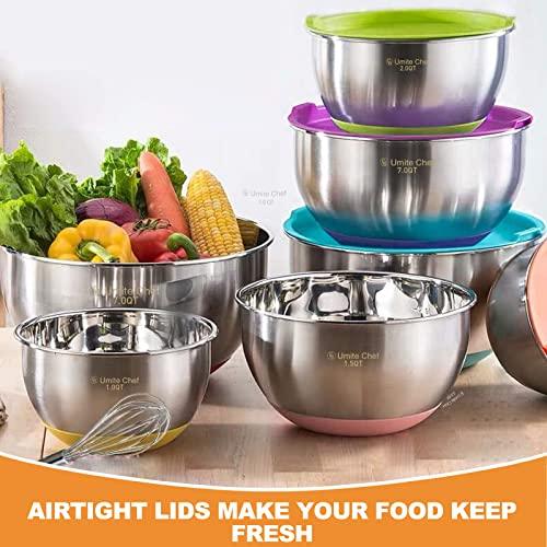 Umite Chef Mixing Bowls with Airtight Lids, 6 Piece Stainless Steel Metal Bowls, Measurement Marks & Colorful Non-Slip Bottoms Size 7, 3.5, 2.5, 2.0,1.5, 1QT, Great for Mixing & Serving - CookCave