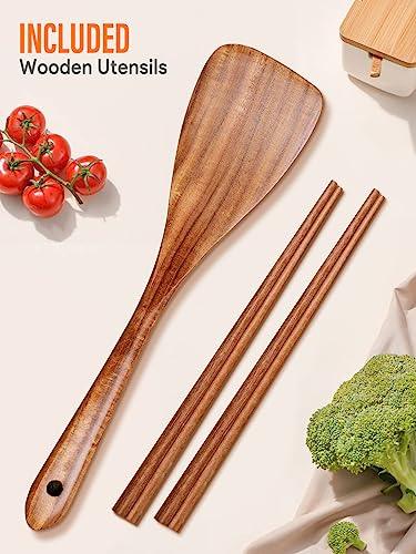 BrBrGo Carbon Steel Wok Pan, 5 Piece Authentic Chinese Wok & Stir-Fry Pans Set with Wooden Lid, No Chemical Coated Flat Bottom Chinese Woks Pan for All Stoves-13“ - CookCave