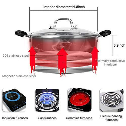 Kerykwan 304 Food Grade Stainless Steel Shabu Shabu Hot pot with Divider&Lid for Induction Cooktop Gas Stove Dual Sided Soup Cookware (11 inch) - CookCave