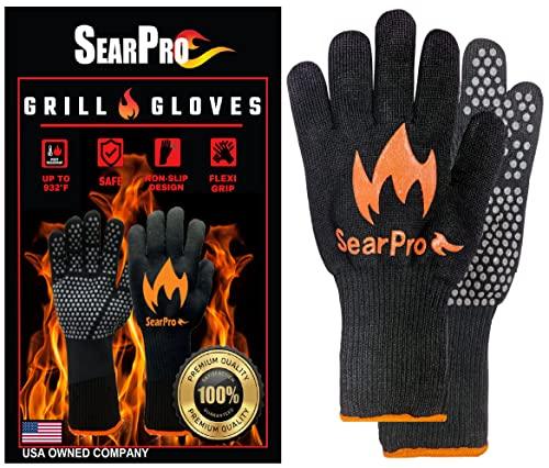 SearPro BBQ Grill Gloves Cooking Oven Mitts Fire Heat Resistant to 1400 Degrees Accessories for Barbecue Smoker Egg Fryer Hamburgers Pizza Steaks- Crock pots/Slow cookers -USA Owned Company- - CookCave