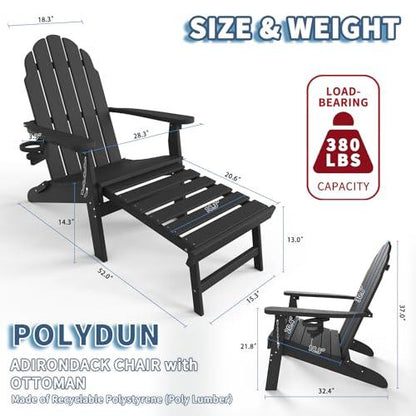 Folding Adirondack Chair with Ottoman, Retractable, Poly Lumber Patio Chairs with Cup Holder, Pre-Assembled Weather Resistant Outdoor Chairs for Porch, Pool, Deck, Backyard, Garden, Black - CookCave