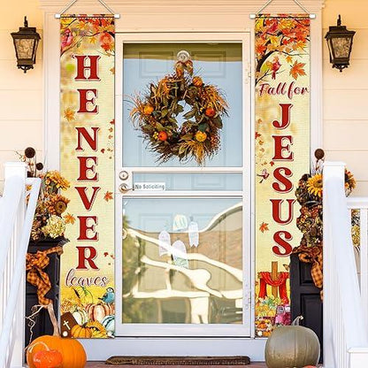 YE Fall for Jesus Porch Sign Banner Decoration- Fall for Jesus He Never Leaves Hanging Door Banner for Indoor Outdoor Autumn Christian Religion Decoration Thanksgiving Supplies, 70.8x11.8inch - CookCave